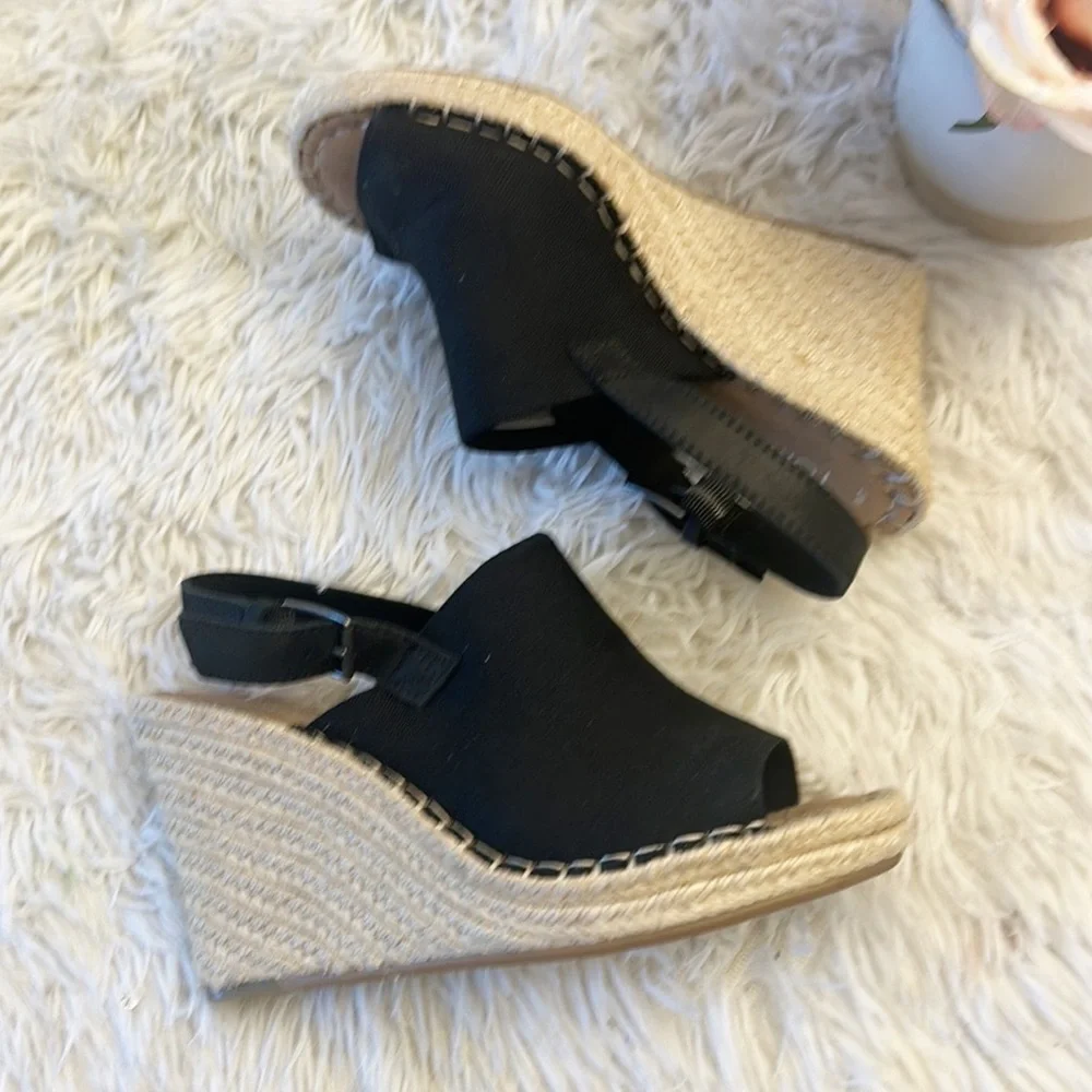 NEW TOMS Monica Platform Wedge Black Tan Espadrille Sandals women size 7